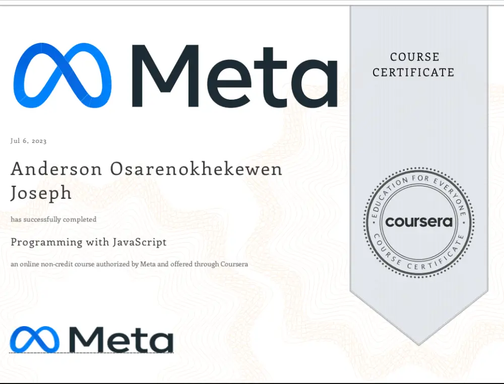 Meta Programming with JavaScript certificate