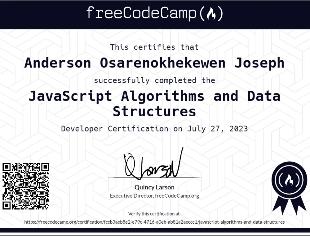 FreeCodeCamp JavaScript and Data Structures certificate